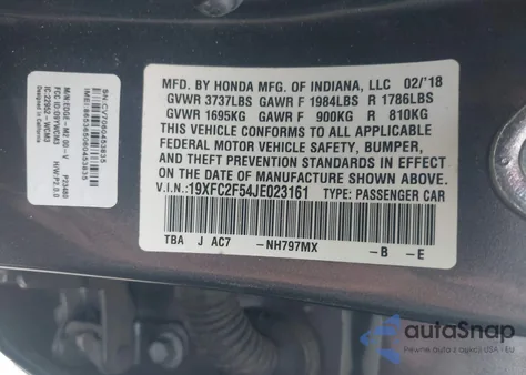2018 Honda Civic Lx z USA, uszkodzony, nr VIN 19XFC2F54JE023161